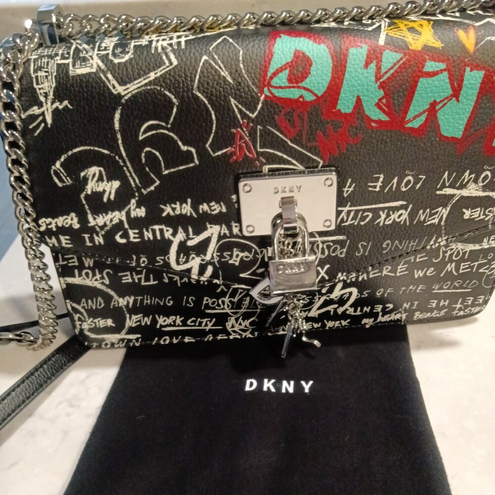 DKNY Cleo multicolored graffiti print crossbody charm bag